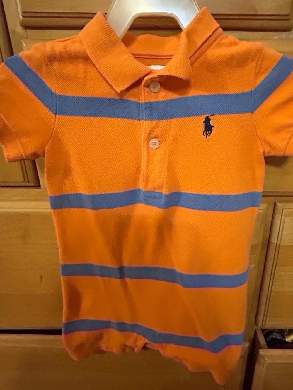 Ralph Lauren Boy’s Orange and Blue Mesh Polo Romper, Size 3 Months EUC